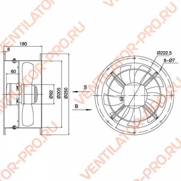 Вентилятор осевой Weiguang YWF2D-200B-92/15-Т ⌀200 мм, канальный с фланцем