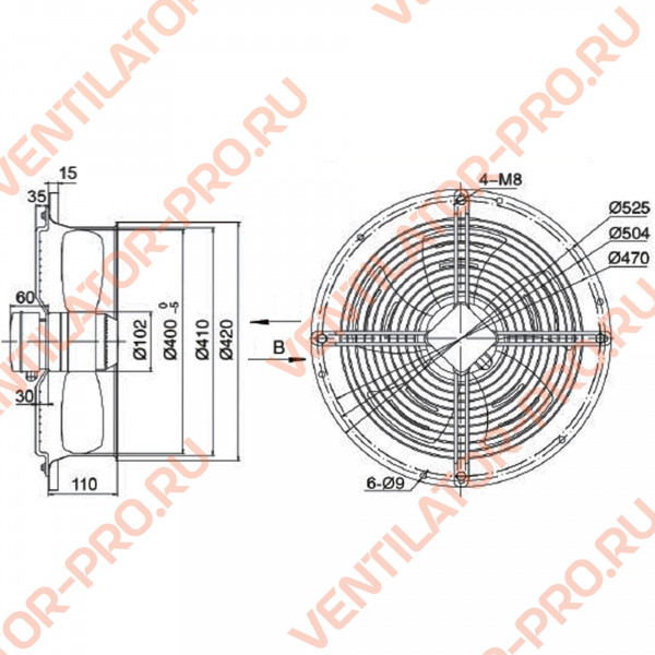 Вентилятор осевой Weiguang YWF4E-400B-102/47-R ⌀400 мм, круглый фланец