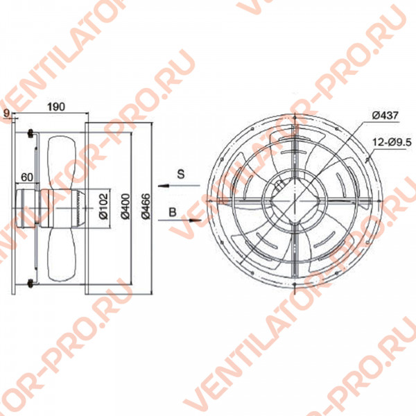 Вентилятор осевой Weiguang YWF4D-400B-102/47-Т ⌀400 мм, канальный с фланцем