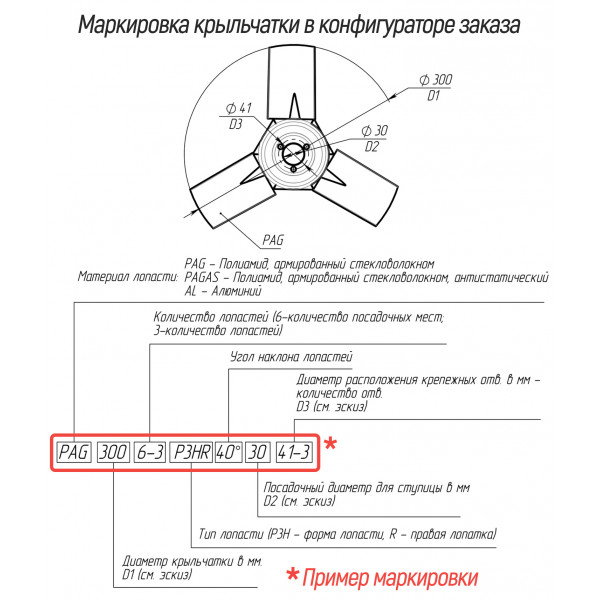 Крыльчатка антистатическая PAGAS.300.6-3.P3HR.40°.30.41-3, 3 лопасти, до 3940 м3/час, до 7000 об/мин