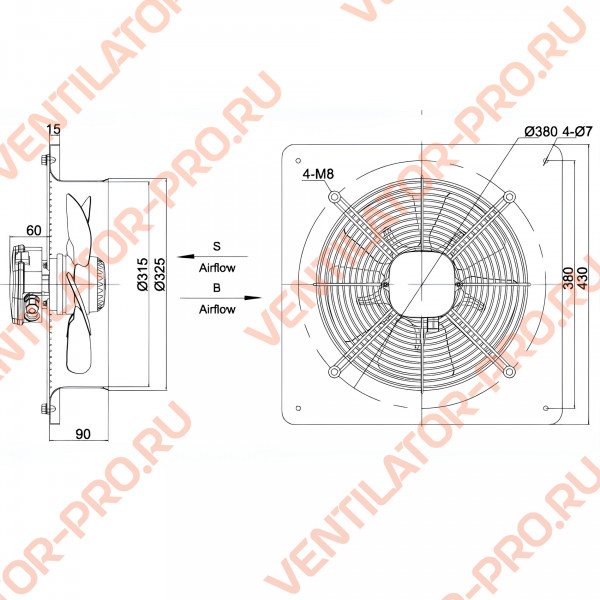 Вентилятор осевой Weiguang YWF2D-300B-92/35-B ⌀300 мм, настенная панель, нагнетание