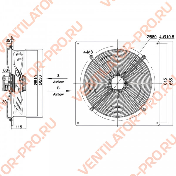 Вентилятор осевой Weiguang YWF4D-500В-145/65-B ⌀500 мм, настенная панель