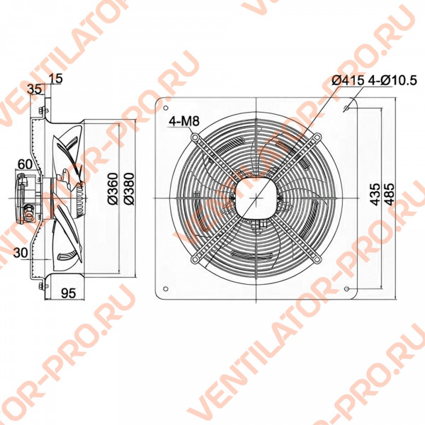 Вентилятор осевой Weiguang YWF4D-350B-102/34-B ⌀350 мм, настенная панель, нагнетание