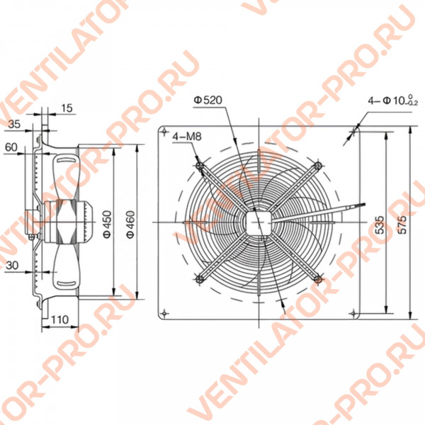 Вентилятор осевой Weiguang YWF4D-450B-102/60-B ⌀450 мм, настенная панель, нагнетание