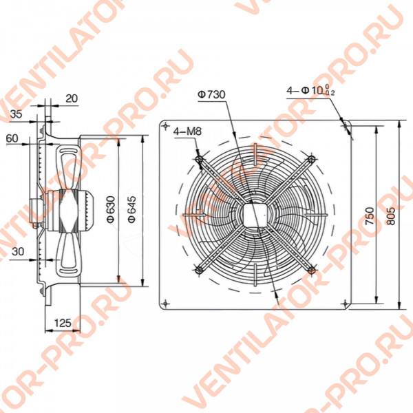 Вентилятор осевой Weiguang YWF4D-630B-137/70-B ⌀630 мм, настенная панель, нагнетание